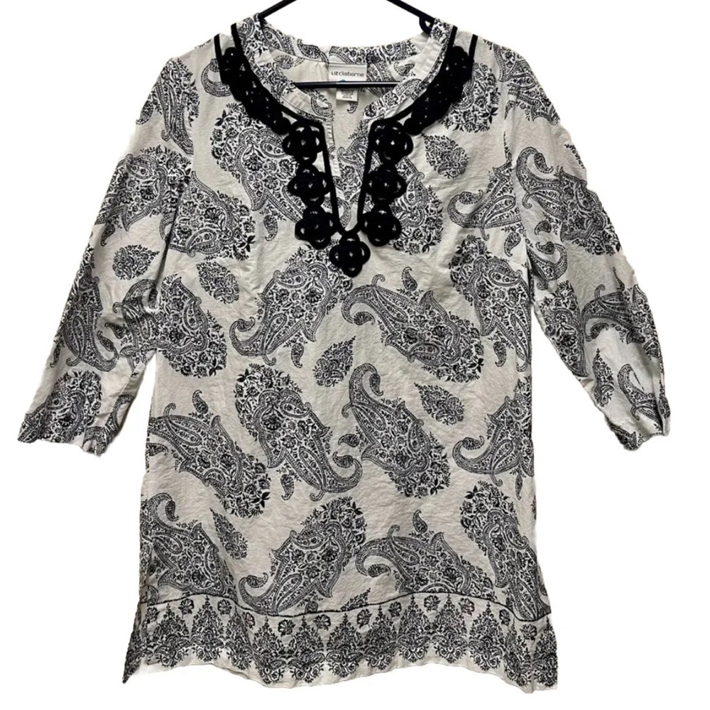 Liz Claiborne Cotton Shirt Womens Blue White Paisley Blouse Top Tunic M Tall